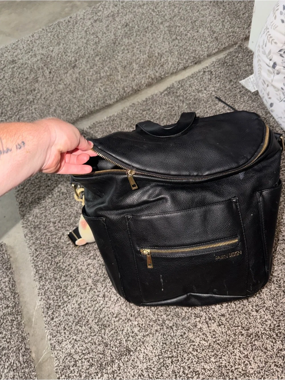 Fawn Design Black Leather Convertible Backpack with Gold Hardware
